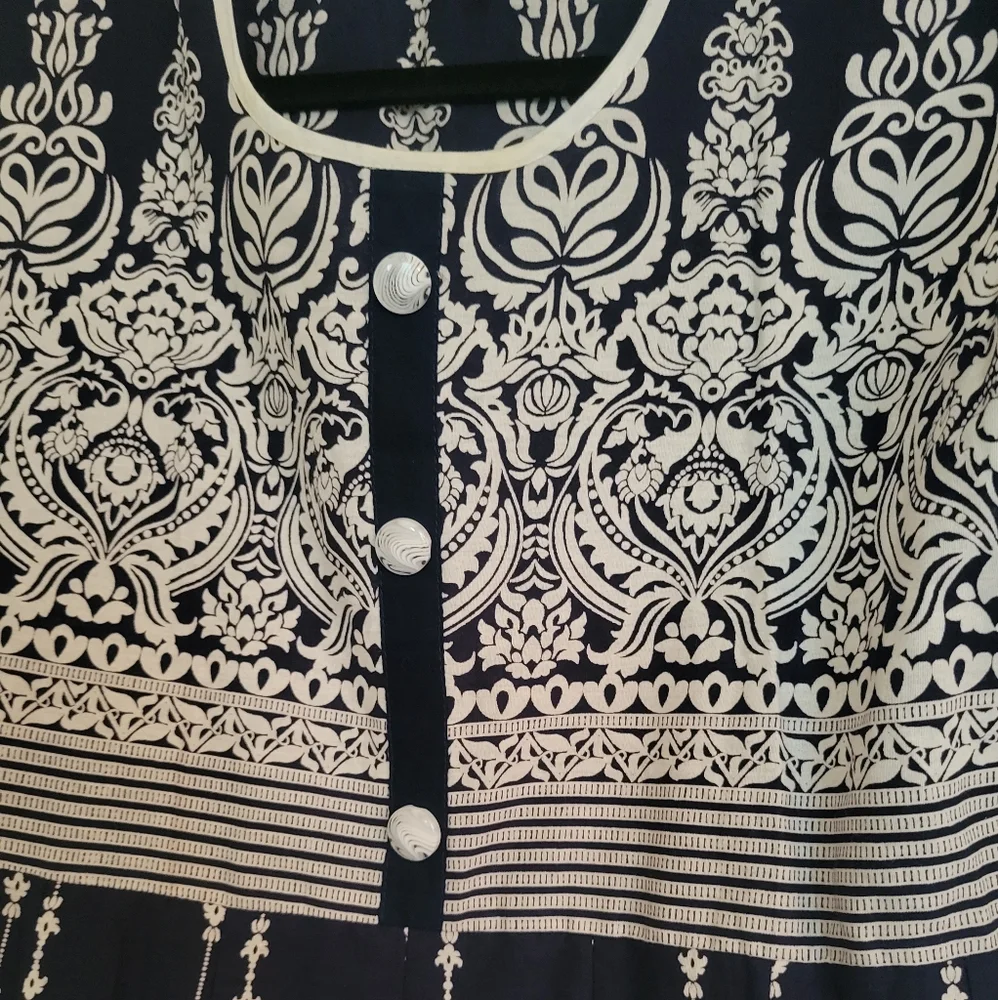 Damask Print Dress Cotton Blend Navy White Boho Statement Size L‎ - Picture 9 of 9